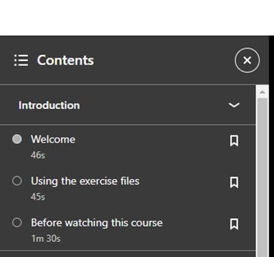 The video contents menu showing chapters and form here you can book mark an element to add to your collection.