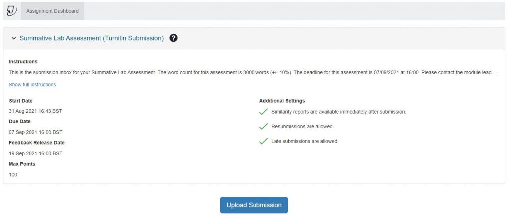 A screenshot of the Turnitin Assignment Dashboard for Students. An expandable tab shows the assignment information including description and due date. A blue Upload Submission button is shown in the centre of the screen.