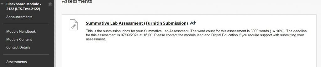 A screenshot of a Blackboard Module with the Assessments tab open. The content of the screen shows a Turnitin Assignment, the title is hyperlinked, and the descriptions shows submission instructions and a due date.