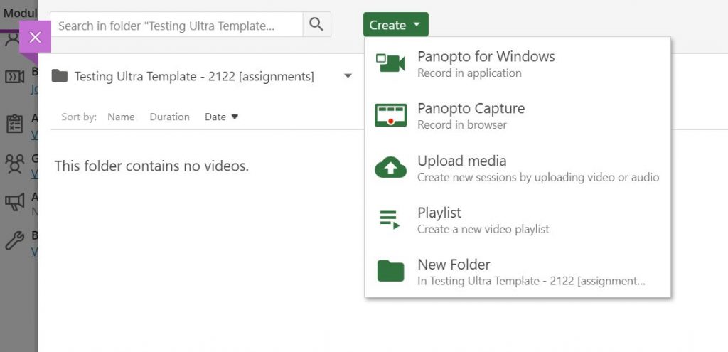 A screenshot showing the 'Create' button in Panopto, the menu is expanded to reveal, in order, Panopto for Windows, Panopto Web Capture, Upload Media, Playlist and New Folder.  