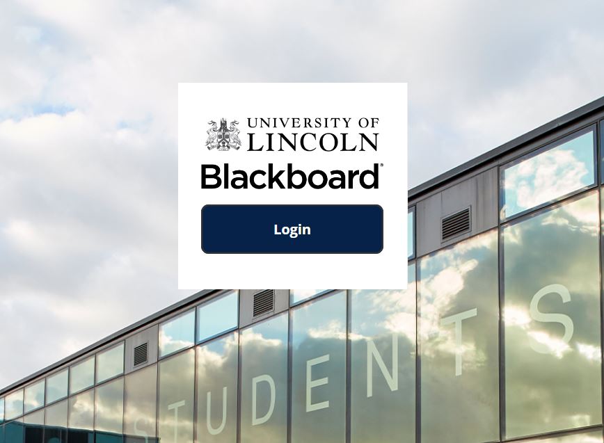 A screenshot of the Login button on the Blackboard Login Screen. The background is a picture of the Lincoln Student's Union Building. 