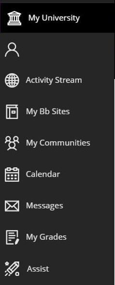 A screenshot of the Blackboard Ultra Base Navigation Menu. The links are listed in this order: My University, Profile, Activity Stream, My BB Sites, My Communities, Calendar, Messages, My Grades and Assist.