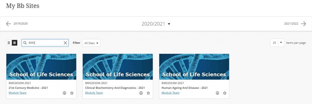 A screenshot of the My BB Sites page in Blackboard. A search bar is shown with the text BMS entered (standing for Biomedical Science). Three module rectangle cards are shown that match the search criteria.