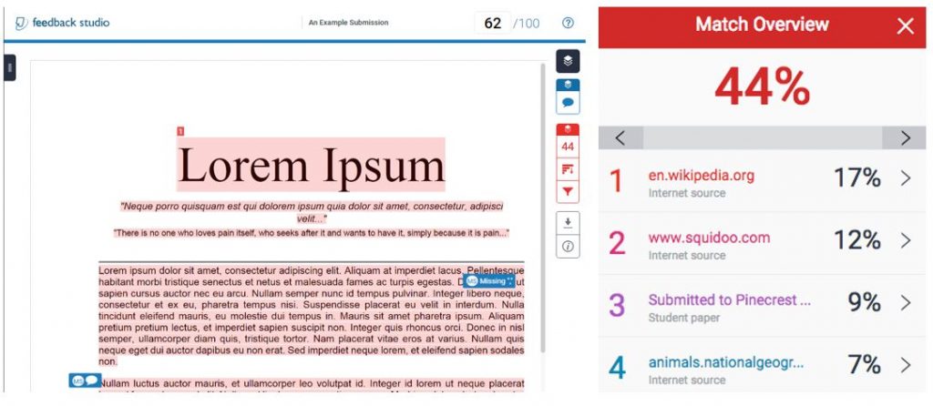 An image composed of two screenshots. The left image shows the Turnitin Feedback studio for an assignment made up of lorem ipsum text. The text is highlighted in red to show it is contributing to the similarity score. The right image shows a breakdown of where the text has been referenced from other sources, but not attributed, flagging that this may not be original work. A list of sources is shown with percentages for the amount of paper that is similar.