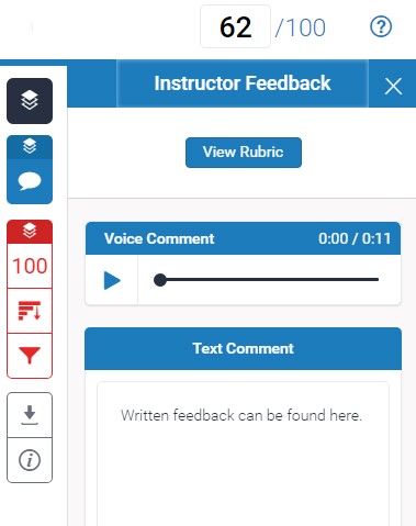 A screenshot of the Turnitin Instructor Feedback window. Three sections are displayed, at the top, below the grade, there is a View Rubric button, then an audio toolbar to play audio feedback, and a text box where comments have been left.