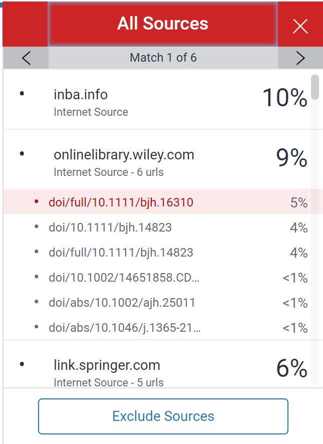 A screenshot of the All Sources tab of the Turnitin Feedback Studio. A source that has flagged as 9% has been expanded to reveal the overlapping sources and how the percentage has been calculated. An Exclude Sources button is displayed at the bottom of the screen.