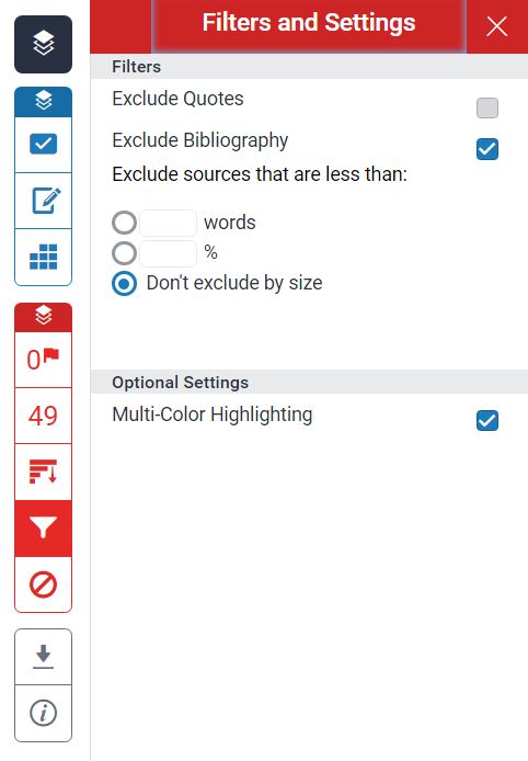 A screenshot of the Filter and Settings tab of the Turnitin Feedback Studio. Options are shown to exclude quotes, exclude bibliography, exclude material that is less than a specified number of words or percentage and whether to use multi colour highlighting. 