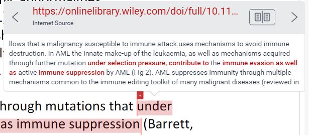 A screenshot of two sentences in a submitted essay. The sentences are highlighted in red, and a tab is shown above the sentence, it displays the paper title and segment that has been referenced from another paper, and has flagged in the similarity report.