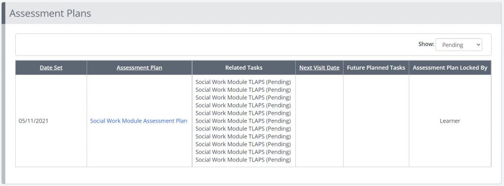 A screenshot of the Activity Plan area of One File. One plan has been assigned to the learner, this page shows the date of allocation, title, and related tasks. The title is hyperlinked to open the plan.