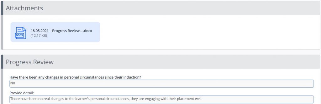 A screenshot of a segment within a Learner Review, an attachments box is shown with a word file displayed, and a progress review box is shown. Single line text fields have questions above them and answers have been provided.