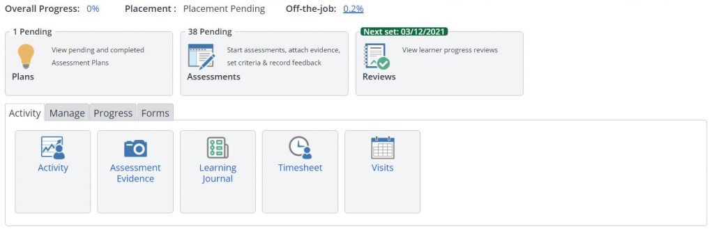 A screenshot of a Learner's portfolio in One File. A range of icons are displayed to different areas of the portfolio. From left to right they are: Plans, Assessments, Reviews. The next row of icons are: Activity, Evidence, Learning Journal, Timesheets and Visits. 