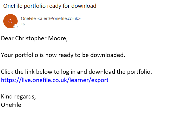 A screenshot of the One File confirmation email when a Portfolio Download is ready.