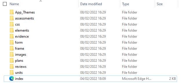 A screenshot of a folder in the Windows 10 File Viewer. The folder contains 11 folders and a webpage file. The webpage file is titled index and is last in the list. 