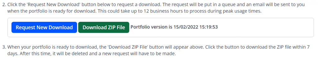 A screenshot of the portfolio download feature in One File. A Request New Download button is shown and a green Download ZIP File button. 