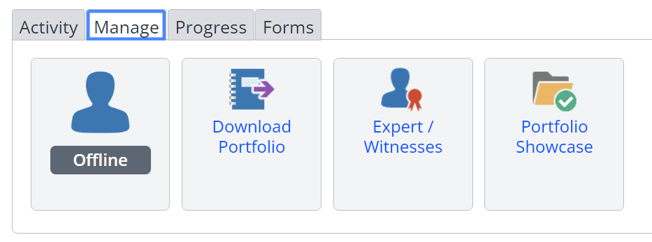 A screenshot of the Manage tab on a Learner's One File portfolio is shown. Four buttons are in the tab: Profile, Download Portfolio, Expert Witness and Portfolio Showcase.