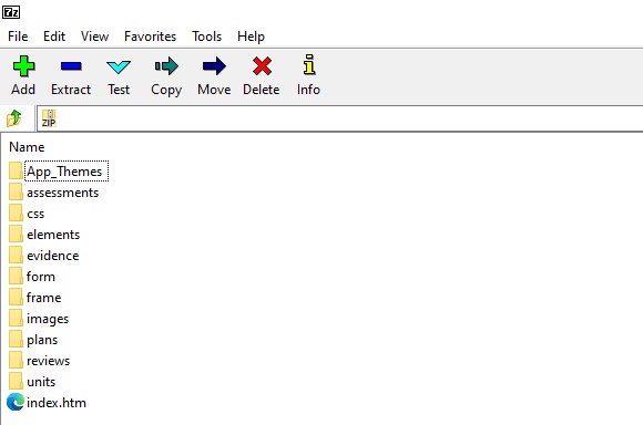 A screenshot of the software 7-Zip. The ZIP folder contents is shown, the menu bar contains a number of buttons, the second is extract.