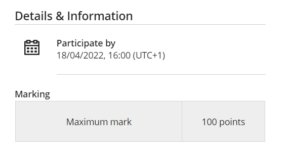 The Ultra Discussion page is shown focused on the Details and Information section. A calendar icon is shown with the due date for participation. A sub heading of "Marking" is displayed below this with a box that shows the maximum marks available.