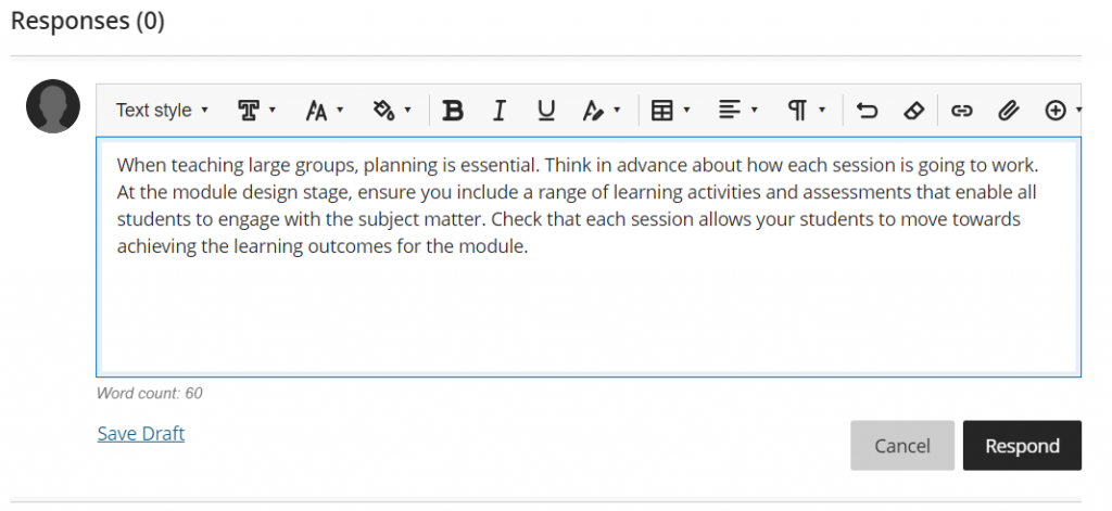 A responses box for a Blackboard Ultra Discussion is shown. The text box features a formatting toolbar to adjust the style of text, and buttons to cancel, respond and save as draft are located at the bottom.