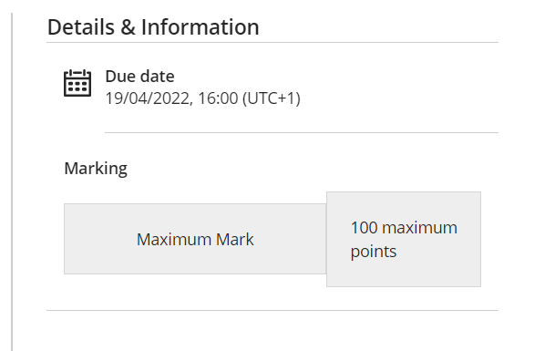 The Ultra Journal page is shown focused on the Details and Information section. A calendar icon is shown with the due date for the assignment. A sub heading of "Marking" is displayed below this with a box that shows the maximum marks available.