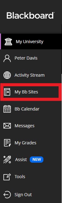 Blackboard navigation menu with My Bb Sites highlighted