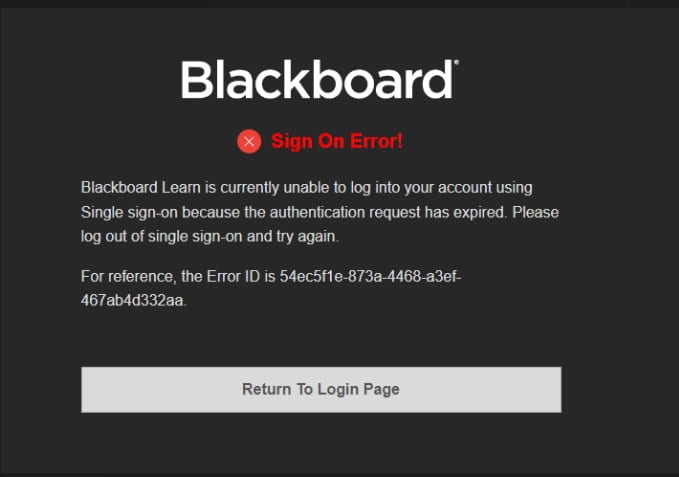 Image of the sign on error explaining that the authentication request has expired.