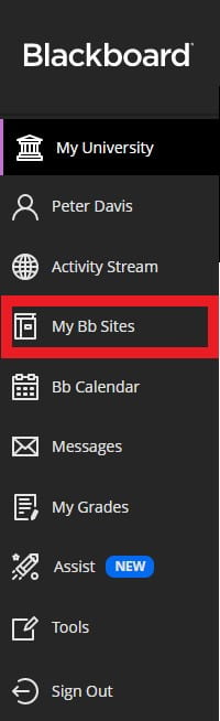 Blackboard navigation menu with My Bb Sites highlighted 4th option down